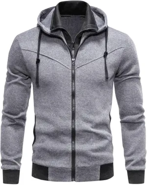 Men's Double Zipper Stand Collar Jacket Drawstring Long Sleeve Hooded Sweatshirt Fashion Casual Jacket with Pockets