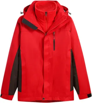 Men's Fake 2 Piece Outdoor Jacket Stand Collar Drawstring Hooded Windproof Warm Jacket Zipper Long Sleeves Coat