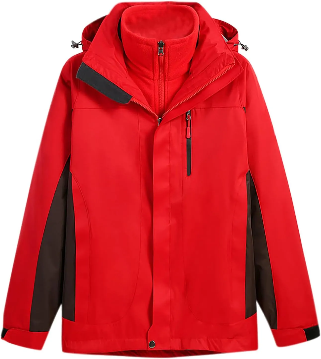 Men's Fake 2 Piece Outdoor Jacket Stand Collar Drawstring Hooded Windproof Warm Jacket Zipper Long Sleeves Coat
