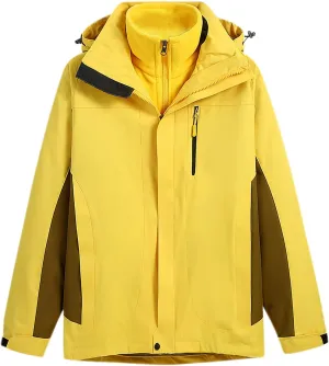 Men's Fake 2 Piece Outdoor Jacket Stand Collar Drawstring Hooded Windproof Warm Jacket Zipper Long Sleeves Coat