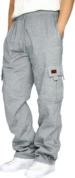 Men's Fleece Cargo Sweatpants Drawstring Loose Fit Sweatpants Active Athletic Workout Jogger Pant for Men with Pockets