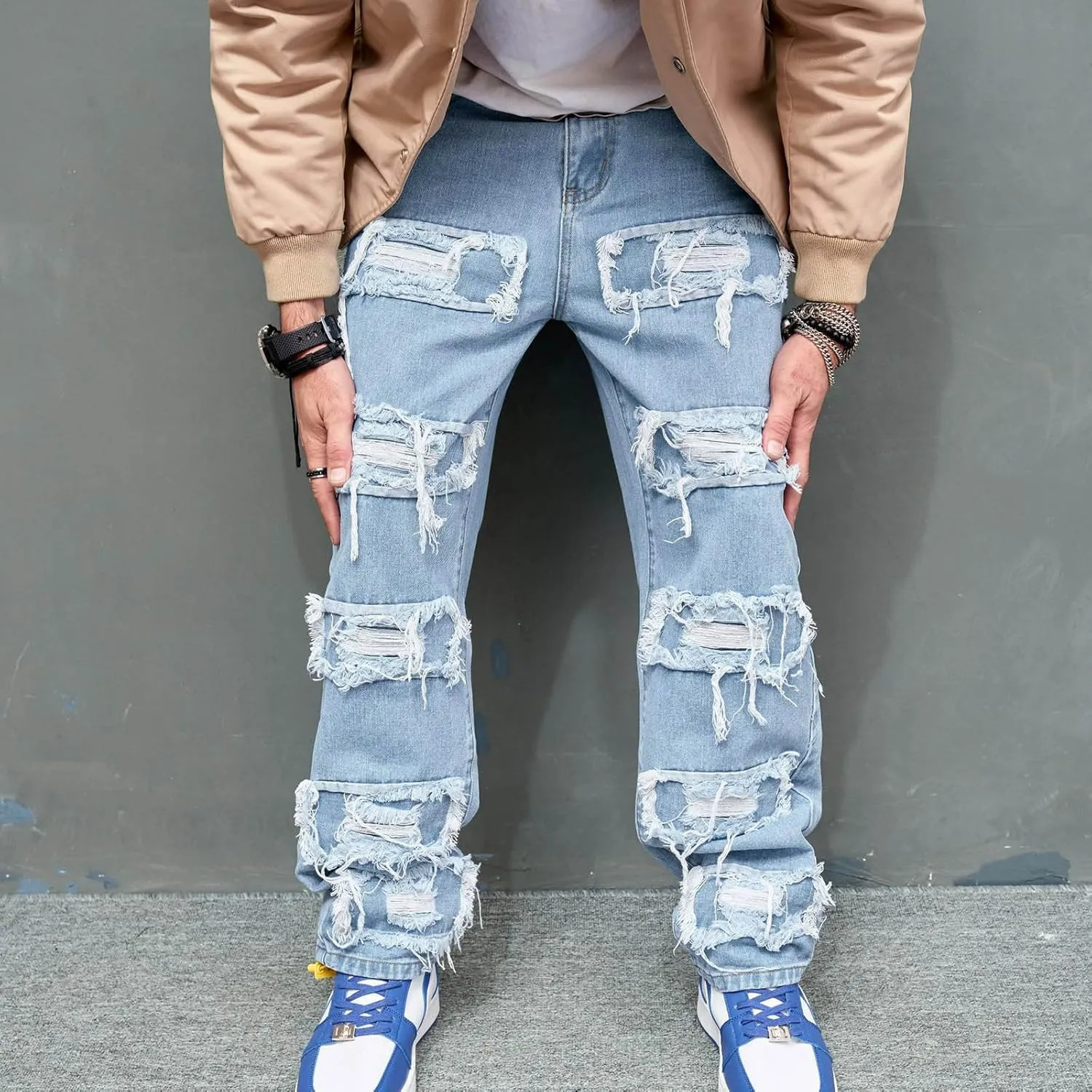 Mens Jeans, Men's Blue Slim Fit Jeans Stretch Destroyed Ripped Skinny Jeans Side Striped Denim Pants