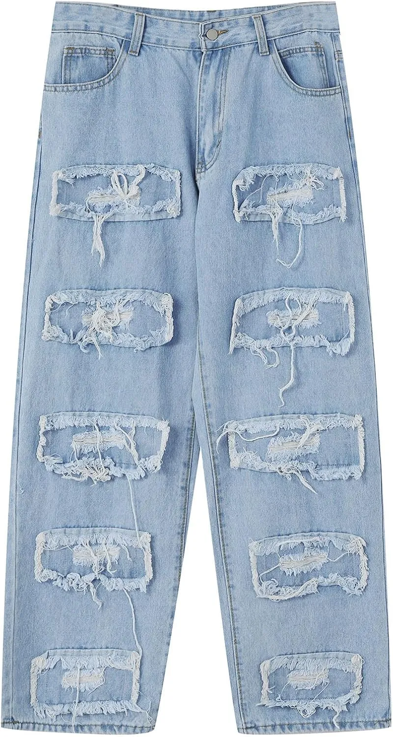 Mens Jeans, Men's Blue Slim Fit Jeans Stretch Destroyed Ripped Skinny Jeans Side Striped Denim Pants