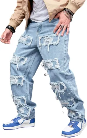 Mens Jeans, Men's Blue Slim Fit Jeans Stretch Destroyed Ripped Skinny Jeans Side Striped Denim Pants