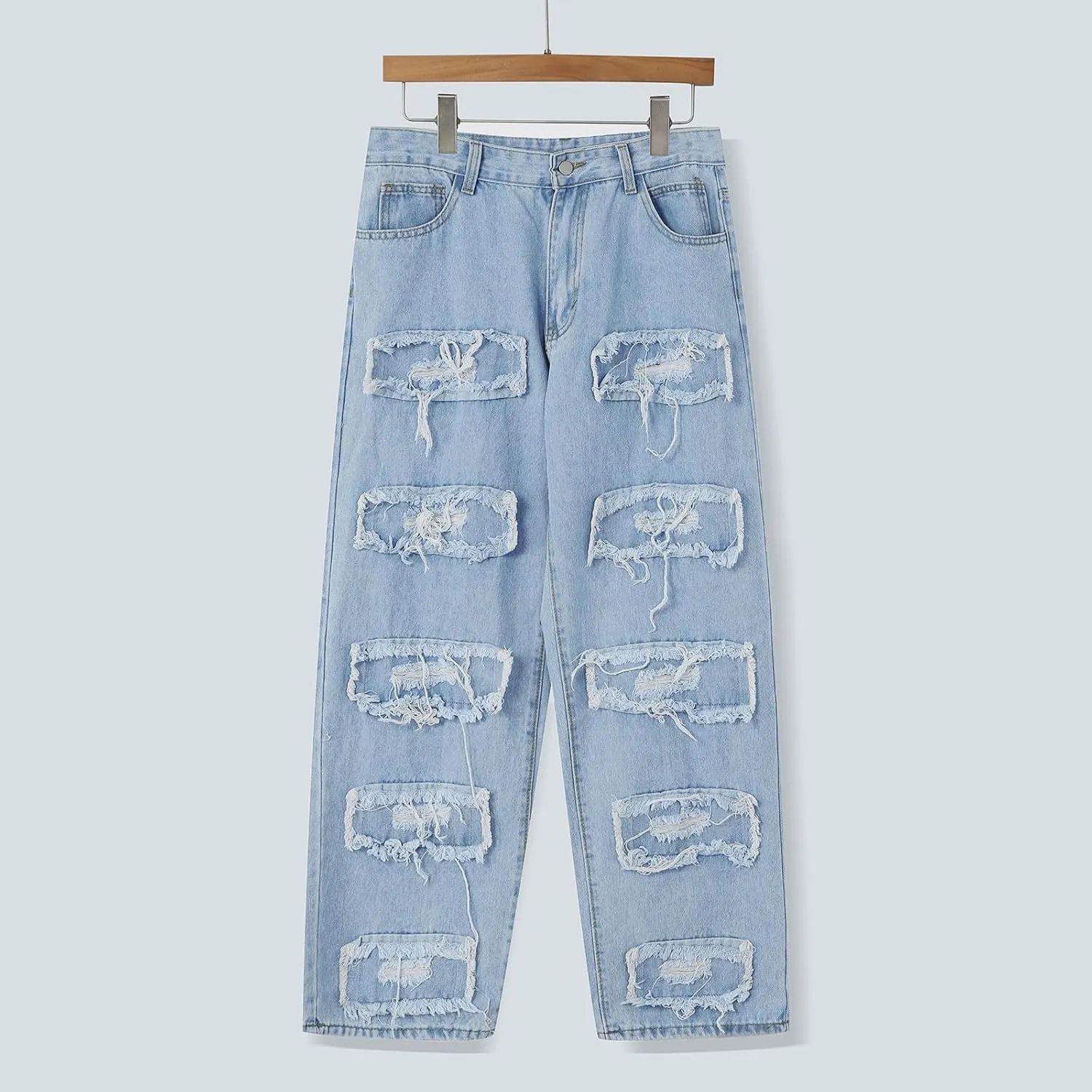 Mens Jeans, Men's Blue Slim Fit Jeans Stretch Destroyed Ripped Skinny Jeans Side Striped Denim Pants