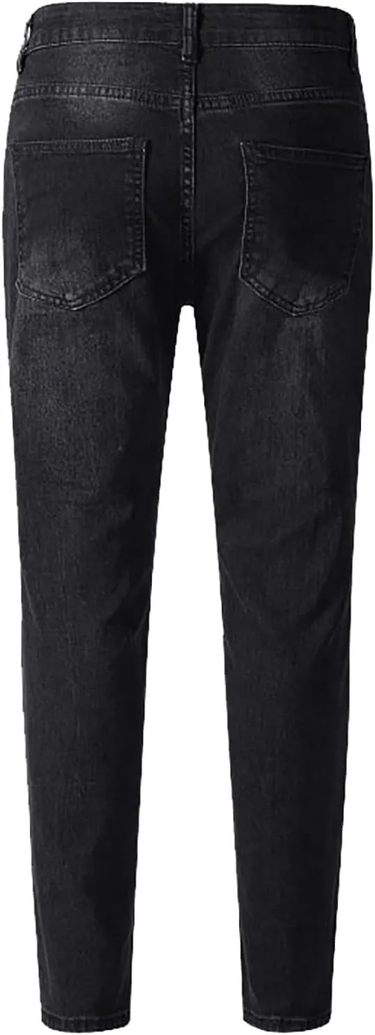 Mens Jeans Pants Straight Hole Buckle Zipper Middle Waist Denim Long Pants Trousers Pants Comfort Flex Waist Jean