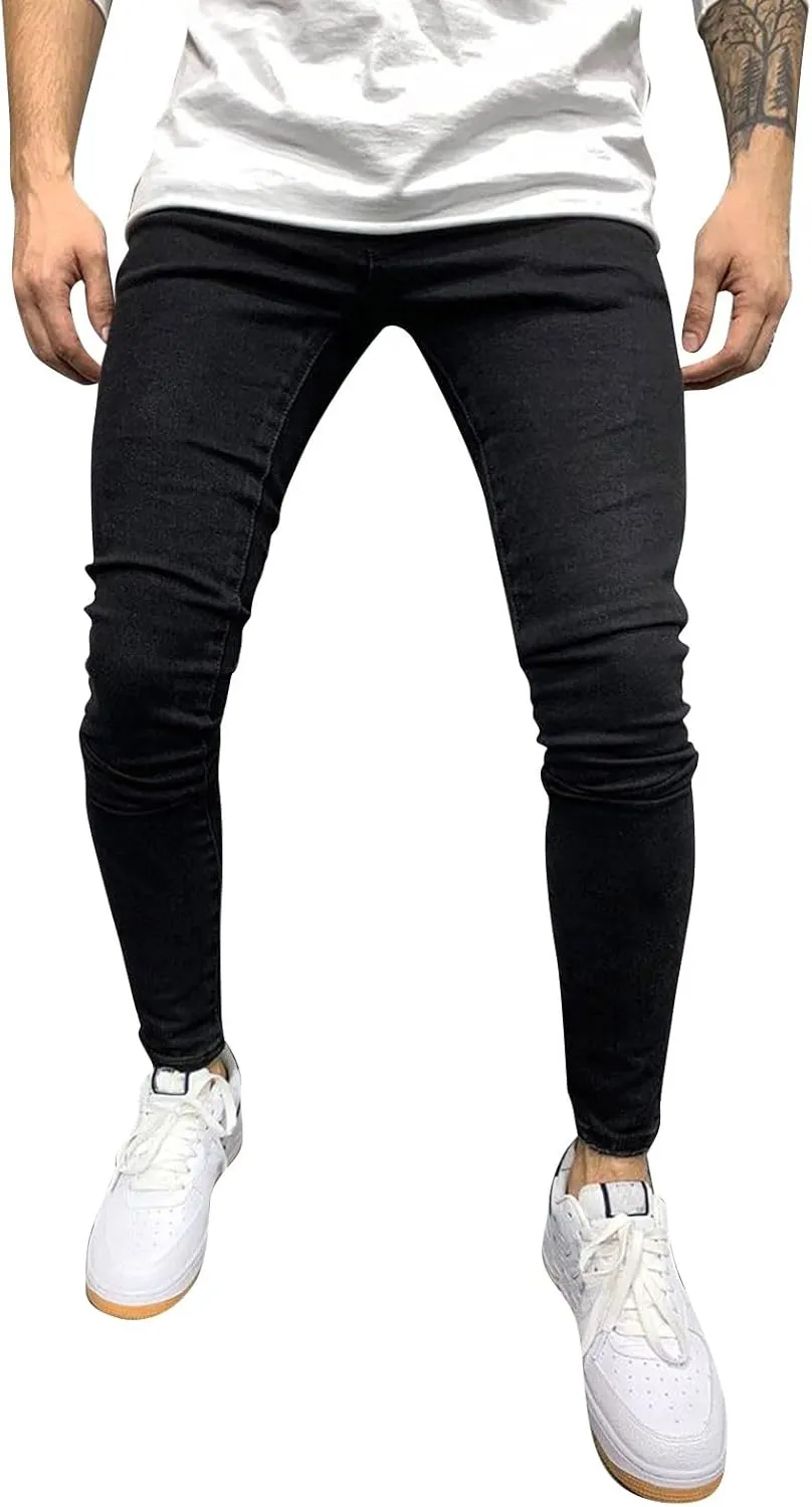 Mens Jeans Pants Straight Hole Buckle Zipper Middle Waist Denim Long Pants Trousers Pants Comfort Flex Waist Jean
