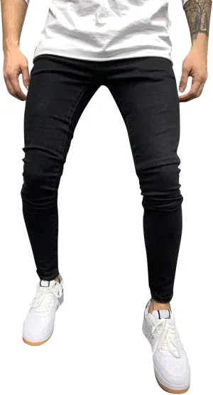 Mens Jeans Pants Straight Hole Buckle Zipper Middle Waist Denim Long Pants Trousers Pants Comfort Flex Waist Jean