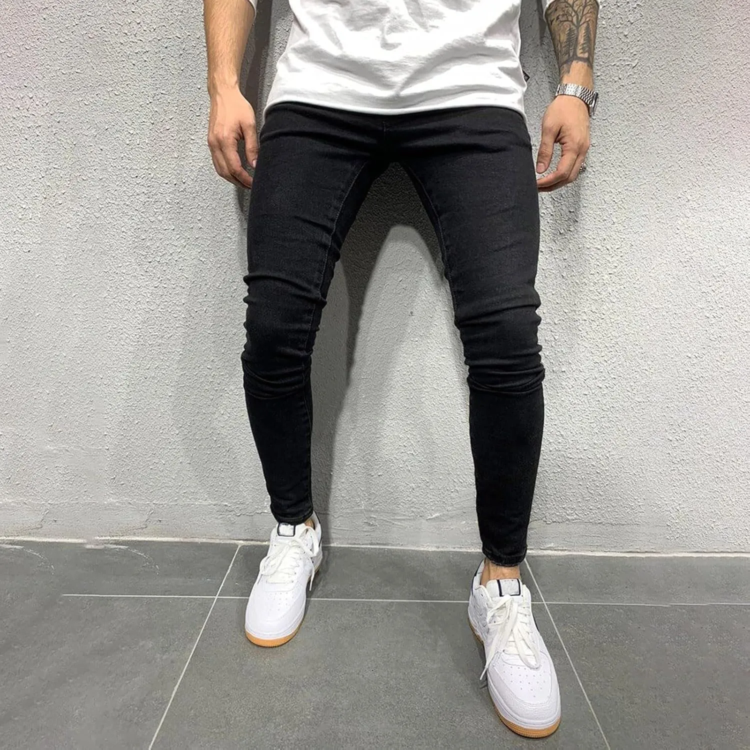 Mens Jeans Pants Straight Hole Buckle Zipper Middle Waist Denim Long Pants Trousers Pants Comfort Flex Waist Jean
