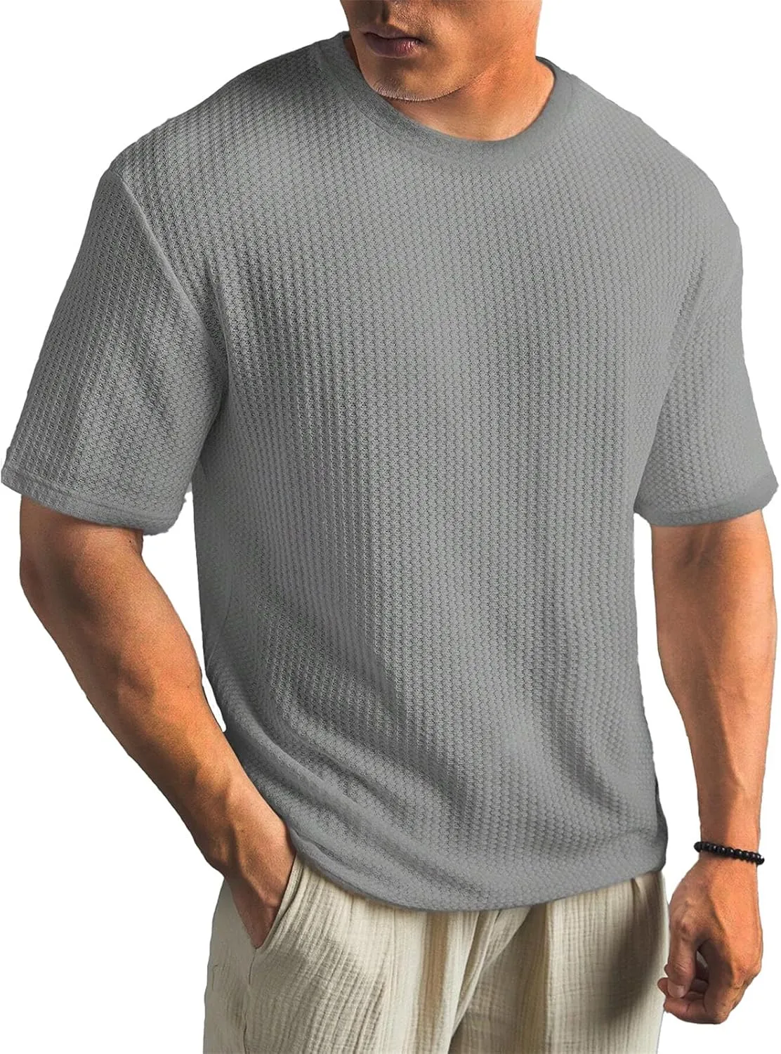 Men's Knit T Shirts Round Neck Short Sleeve Tees Solid Color Pullover Tees Summer Loose Fit Breathable Shirts Top