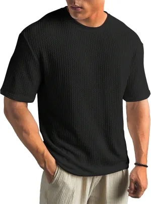 Men's Knit T Shirts Round Neck Short Sleeve Tees Solid Color Pullover Tees Summer Loose Fit Breathable Shirts Top
