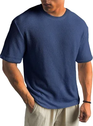 Men's Knit T Shirts Round Neck Short Sleeve Tees Solid Color Pullover Tees Summer Loose Fit Breathable Shirts Top