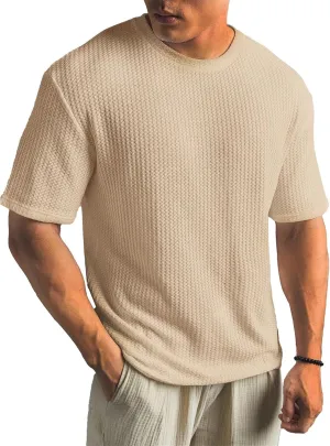 Men's Knit T Shirts Round Neck Short Sleeve Tees Solid Color Pullover Tees Summer Loose Fit Breathable Shirts Top