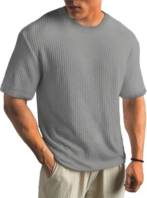 Men's Knit T Shirts Round Neck Short Sleeve Tees Solid Color Pullover Tees Summer Loose Fit Breathable Shirts Top