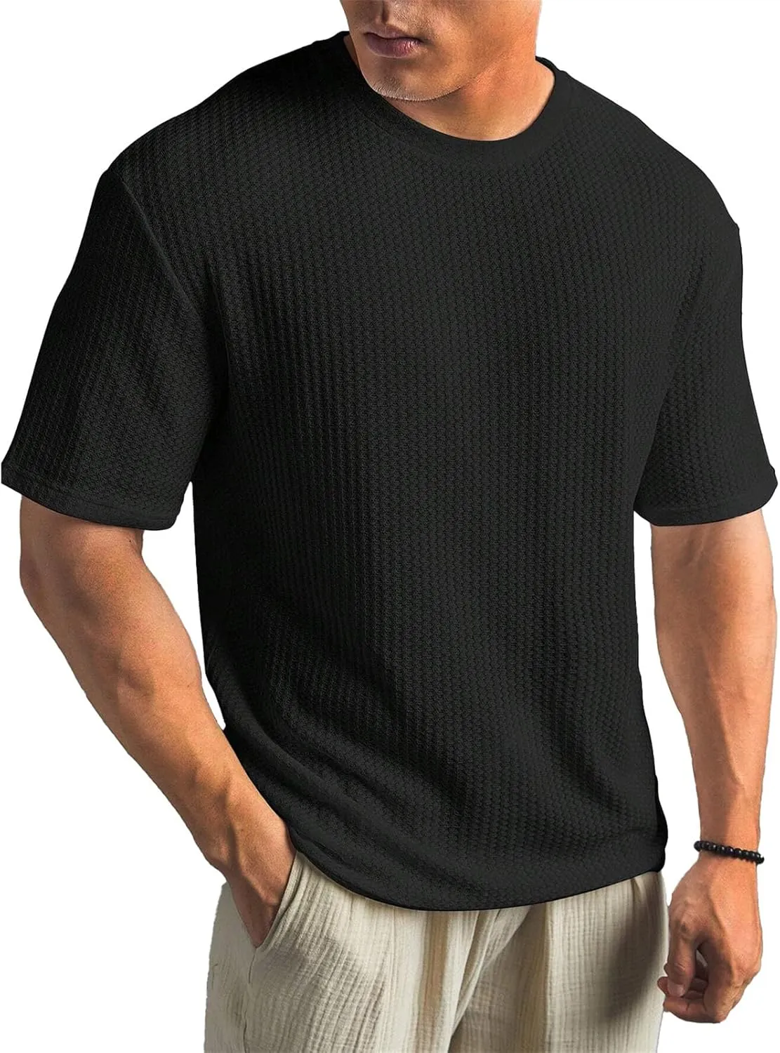 Men's Knit T Shirts Round Neck Short Sleeve Tees Solid Color Pullover Tees Summer Loose Fit Breathable Shirts Top