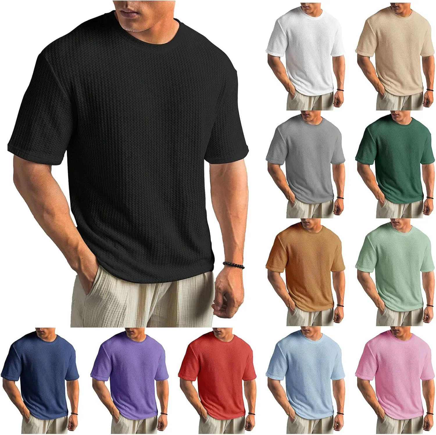 Men's Knit T Shirts Round Neck Short Sleeve Tees Solid Color Pullover Tees Summer Loose Fit Breathable Shirts Top