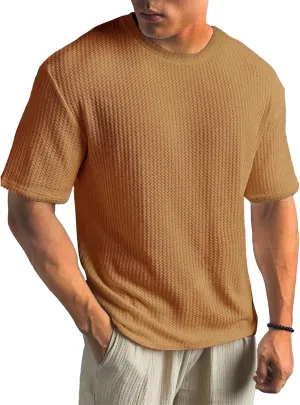 Men's Knit T Shirts Round Neck Short Sleeve Tees Solid Color Pullover Tees Summer Loose Fit Breathable Shirts Top