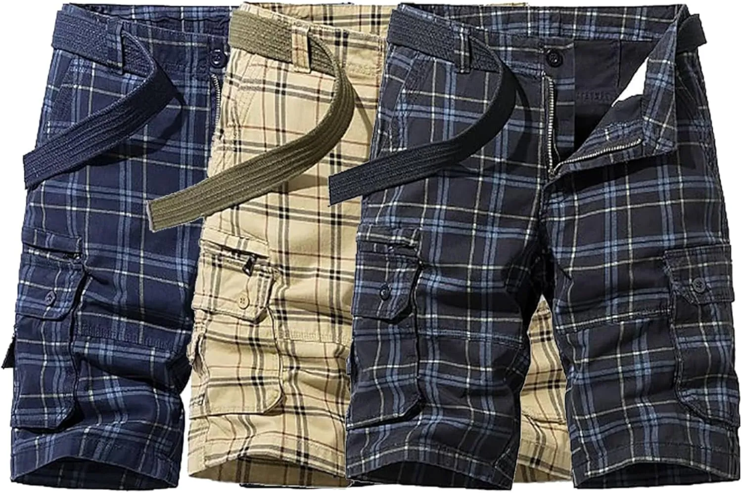 Men's Plaid Cargo Shorts Lightweight Multi Pocket Casual Short Pants Summer Outdoor Loose Shorts No Belt
