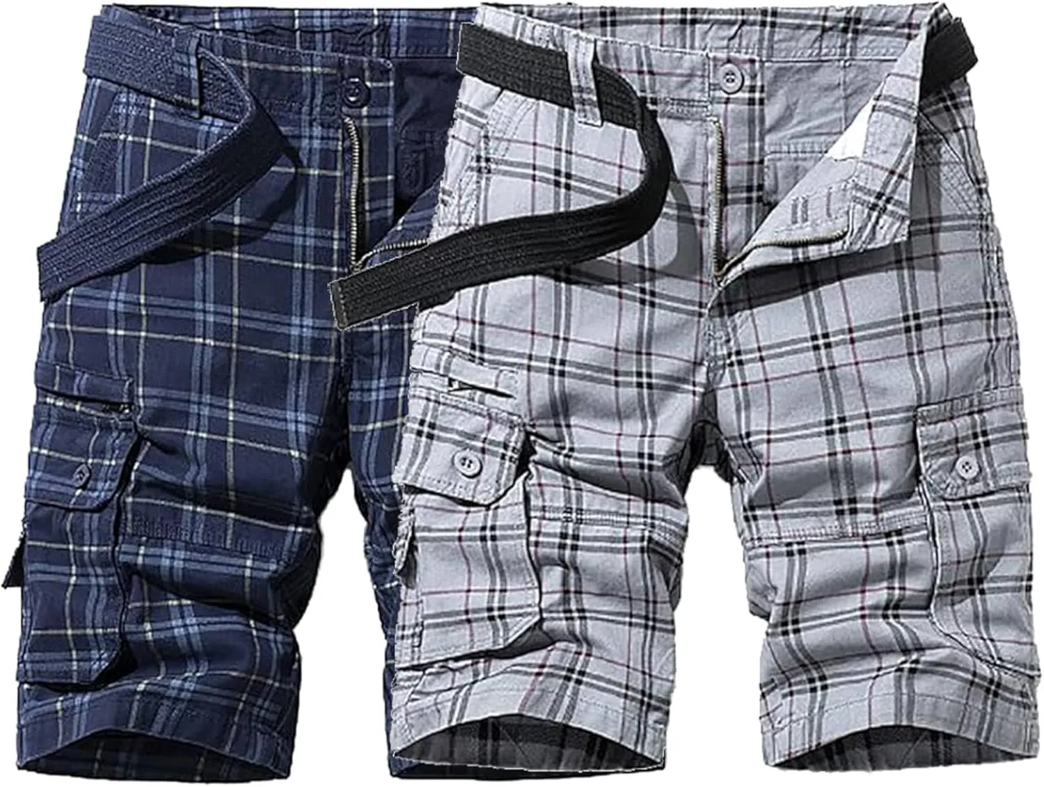 Men's Plaid Cargo Shorts Lightweight Multi Pocket Casual Short Pants Summer Outdoor Loose Shorts No Belt