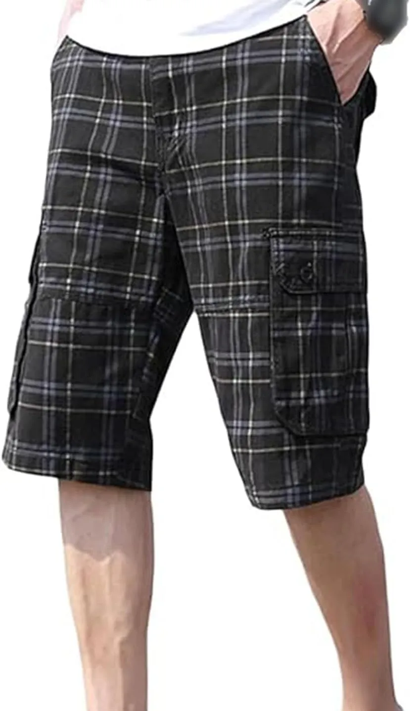Men's Plaid Cargo Shorts Lightweight Multi Pocket Casual Short Pants Summer Outdoor Loose Shorts No Belt