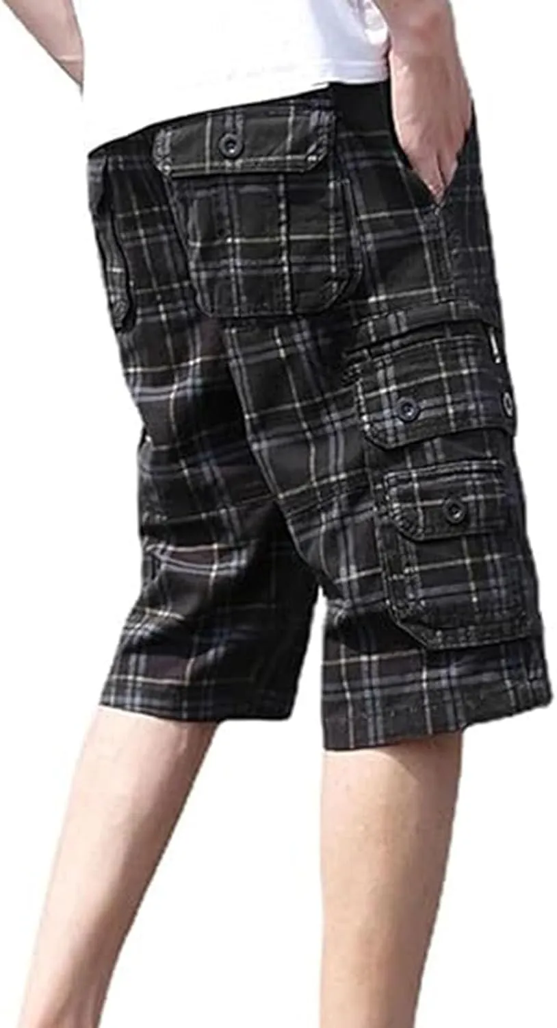 Men's Plaid Cargo Shorts Lightweight Multi Pocket Casual Short Pants Summer Outdoor Loose Shorts No Belt