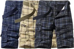 Men's Plaid Cargo Shorts Lightweight Multi Pocket Casual Short Pants Summer Outdoor Loose Shorts No Belt