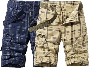 Men's Plaid Cargo Shorts Lightweight Multi Pocket Casual Short Pants Summer Outdoor Loose Shorts No Belt