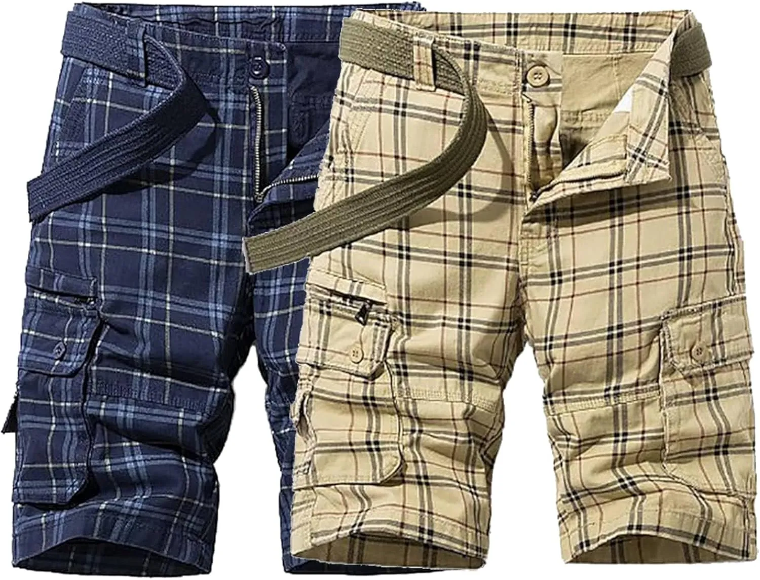 Men's Plaid Cargo Shorts Lightweight Multi Pocket Casual Short Pants Summer Outdoor Loose Shorts No Belt
