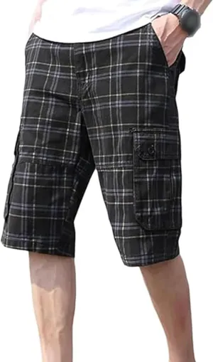 Men's Plaid Cargo Shorts Lightweight Multi Pocket Casual Short Pants Summer Outdoor Loose Shorts No Belt