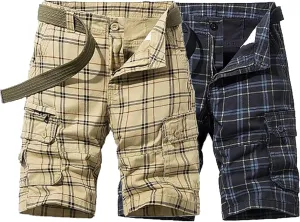 Men's Plaid Cargo Shorts Lightweight Multi Pocket Casual Short Pants Summer Outdoor Loose Shorts No Belt