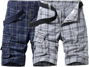 Men's Plaid Cargo Shorts Lightweight Multi Pocket Casual Short Pants Summer Outdoor Loose Shorts No Belt