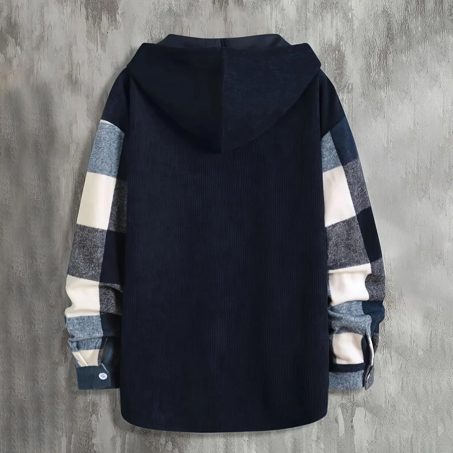Men's Plaid Coat Button Drawstring Hooded Jacket Fashion Long Sleeve Lightweight Jacket Outerwear with Pockets
