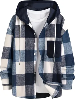 Men's Plaid Coat Button Drawstring Hooded Jacket Fashion Long Sleeve Lightweight Jacket Outerwear with Pockets