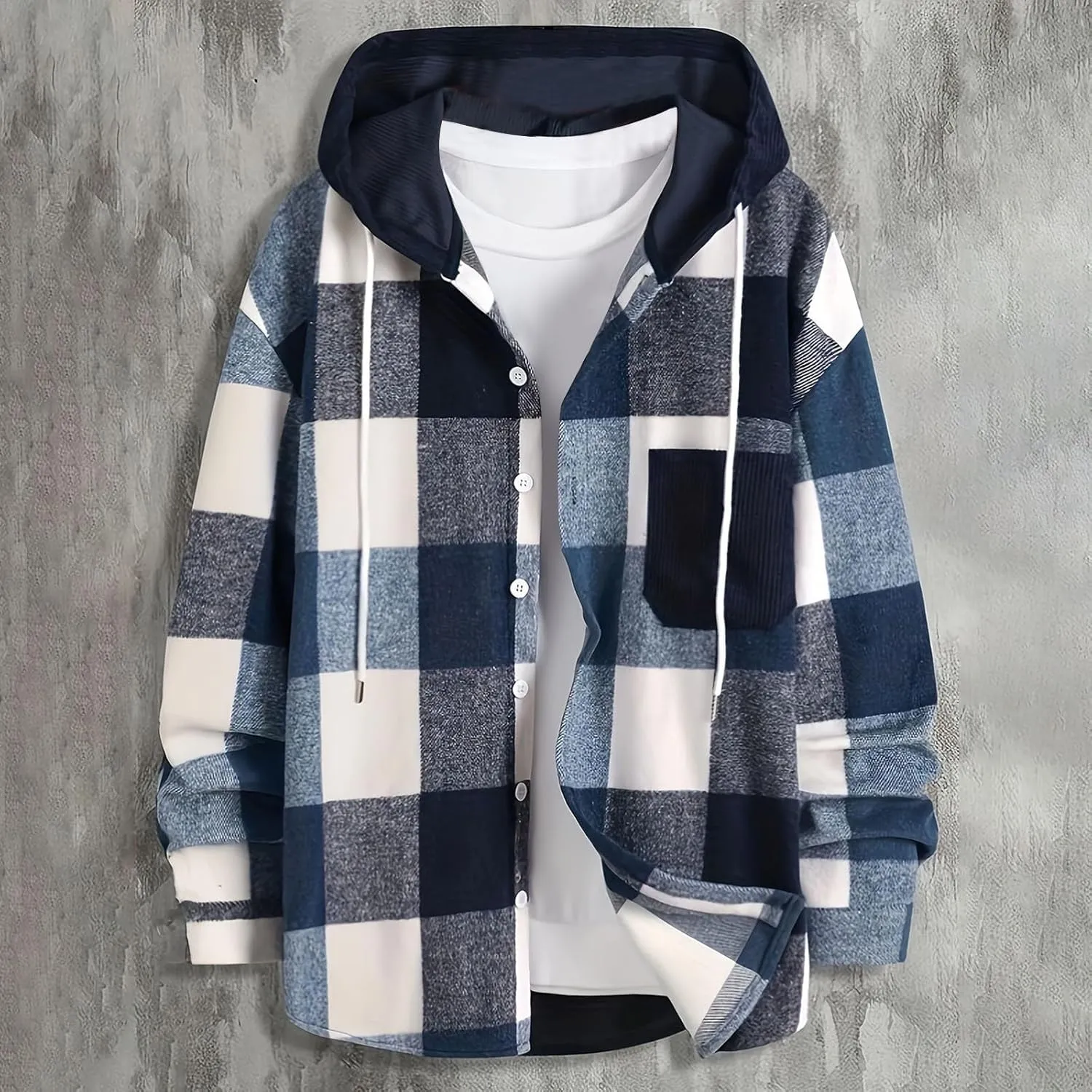 Men's Plaid Coat Button Drawstring Hooded Jacket Fashion Long Sleeve Lightweight Jacket Outerwear with Pockets