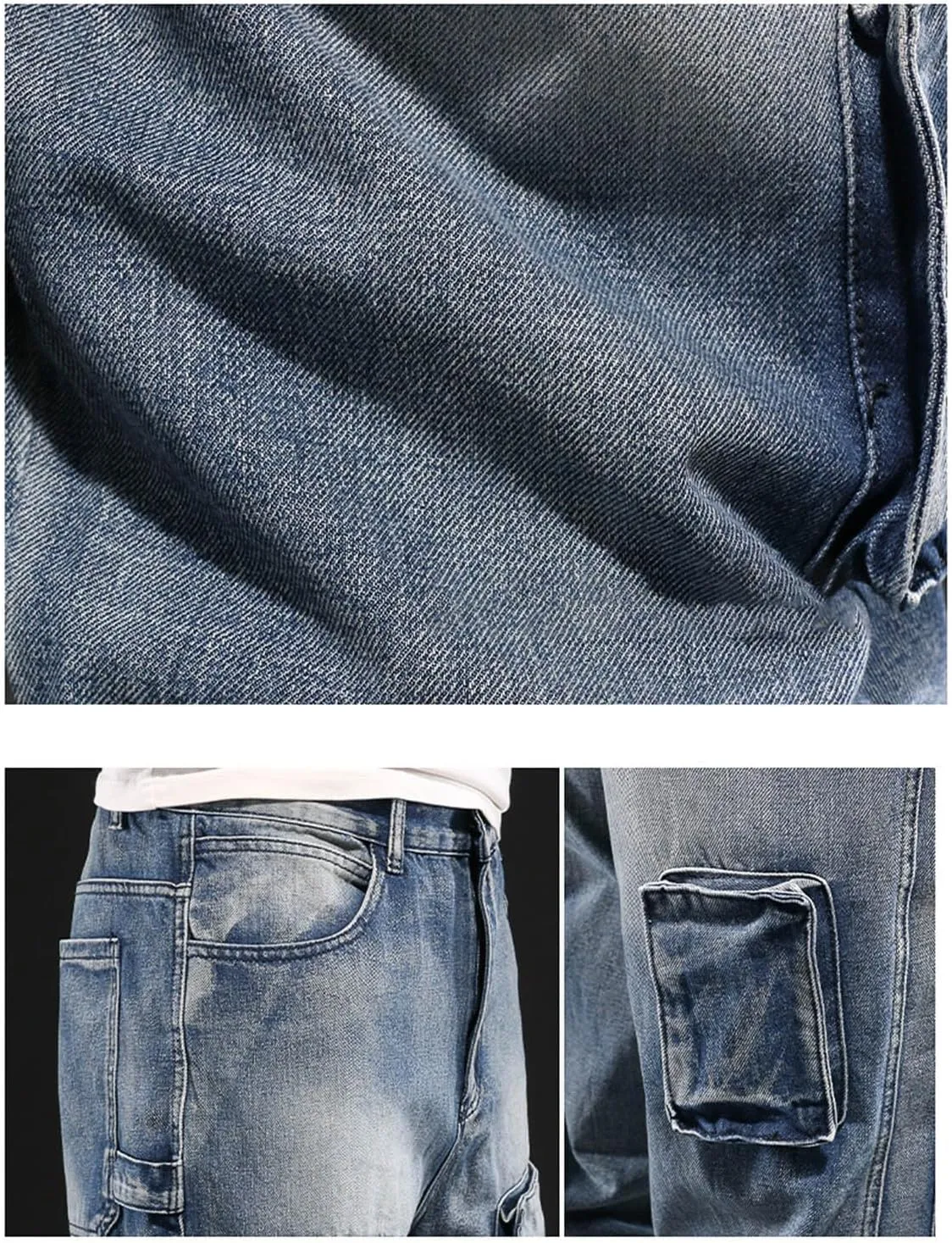 Men's Relaxed Fit Cargo Jeans Vintage Washed Straight Leg Work Denim Pants Stretch 6 Pockets Utility Pants Streetwear