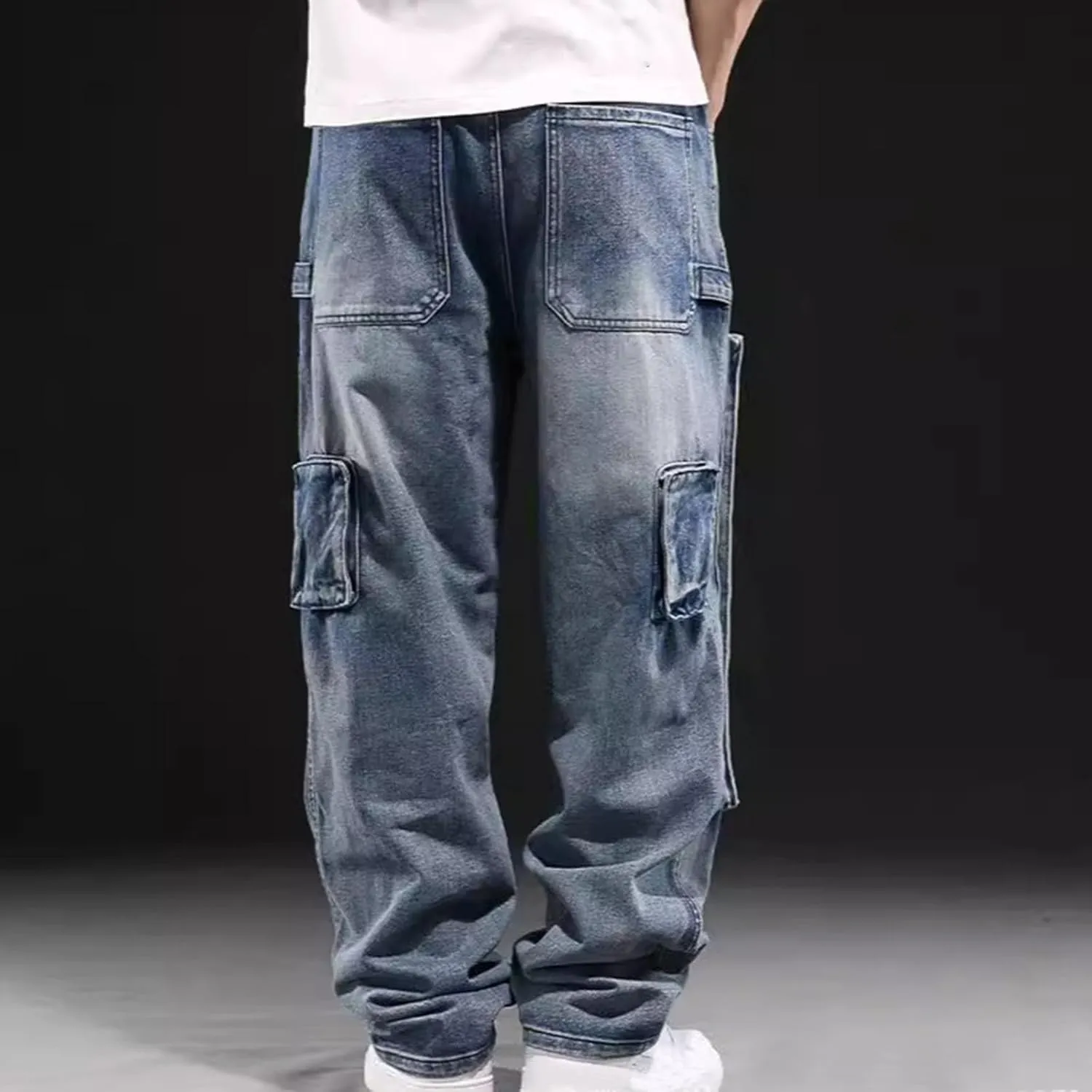 Men's Relaxed Fit Cargo Jeans Vintage Washed Straight Leg Work Denim Pants Stretch 6 Pockets Utility Pants Streetwear
