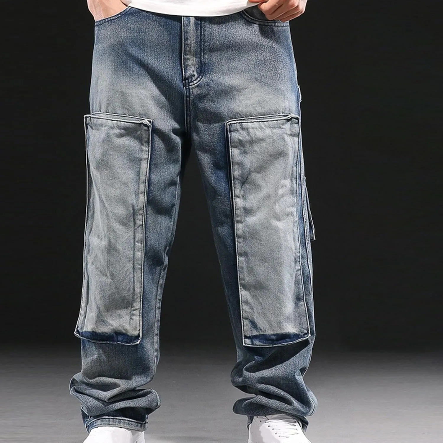 Men's Relaxed Fit Cargo Jeans Vintage Washed Straight Leg Work Denim Pants Stretch 6 Pockets Utility Pants Streetwear