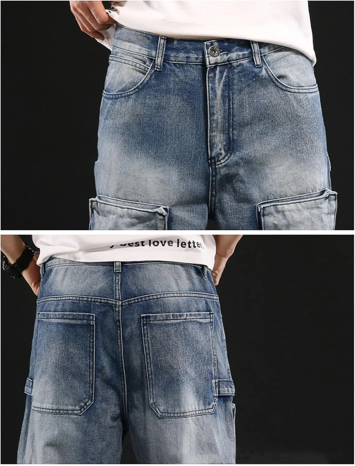 Men's Relaxed Fit Cargo Jeans Vintage Washed Straight Leg Work Denim Pants Stretch 6 Pockets Utility Pants Streetwear