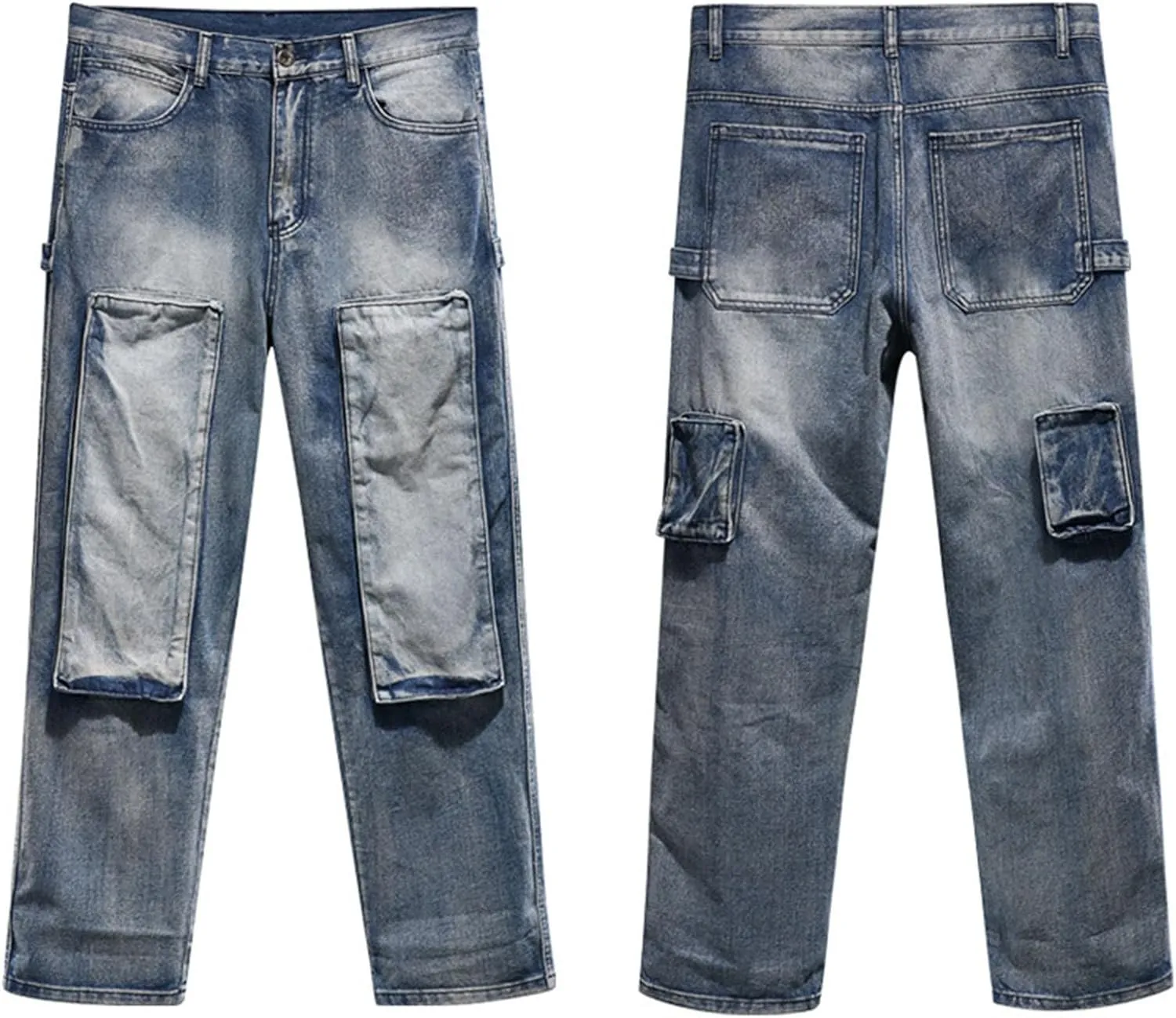 Men's Relaxed Fit Cargo Jeans Vintage Washed Straight Leg Work Denim Pants Stretch 6 Pockets Utility Pants Streetwear