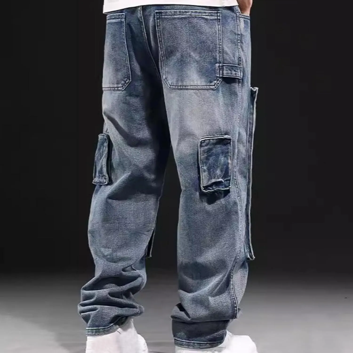 Men's Relaxed Fit Cargo Jeans Vintage Washed Straight Leg Work Denim Pants Stretch 6 Pockets Utility Pants Streetwear