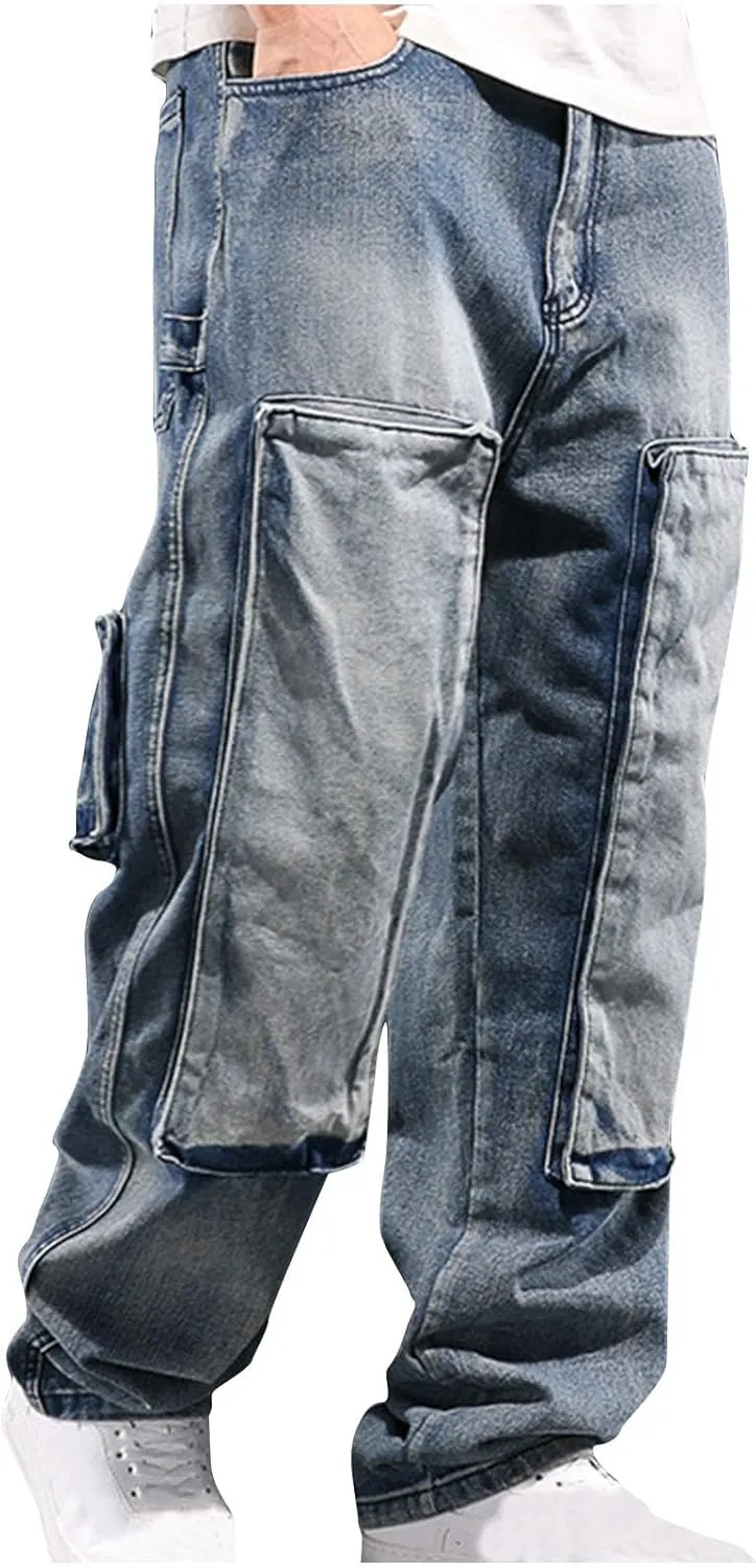 Men's Relaxed Fit Cargo Jeans Vintage Washed Straight Leg Work Denim Pants Stretch 6 Pockets Utility Pants Streetwear
