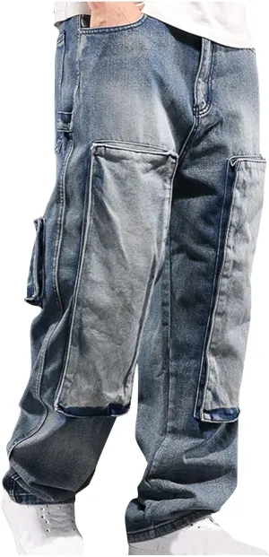 Men's Relaxed Fit Cargo Jeans Vintage Washed Straight Leg Work Denim Pants Stretch 6 Pockets Utility Pants Streetwear