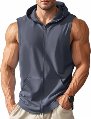 Men's Sleeveless Hooded Tank Tops Athletic Gym Workout Full Zip Vest Shirts Lightweight Dry fit Muscle Cut Off T-Shirt