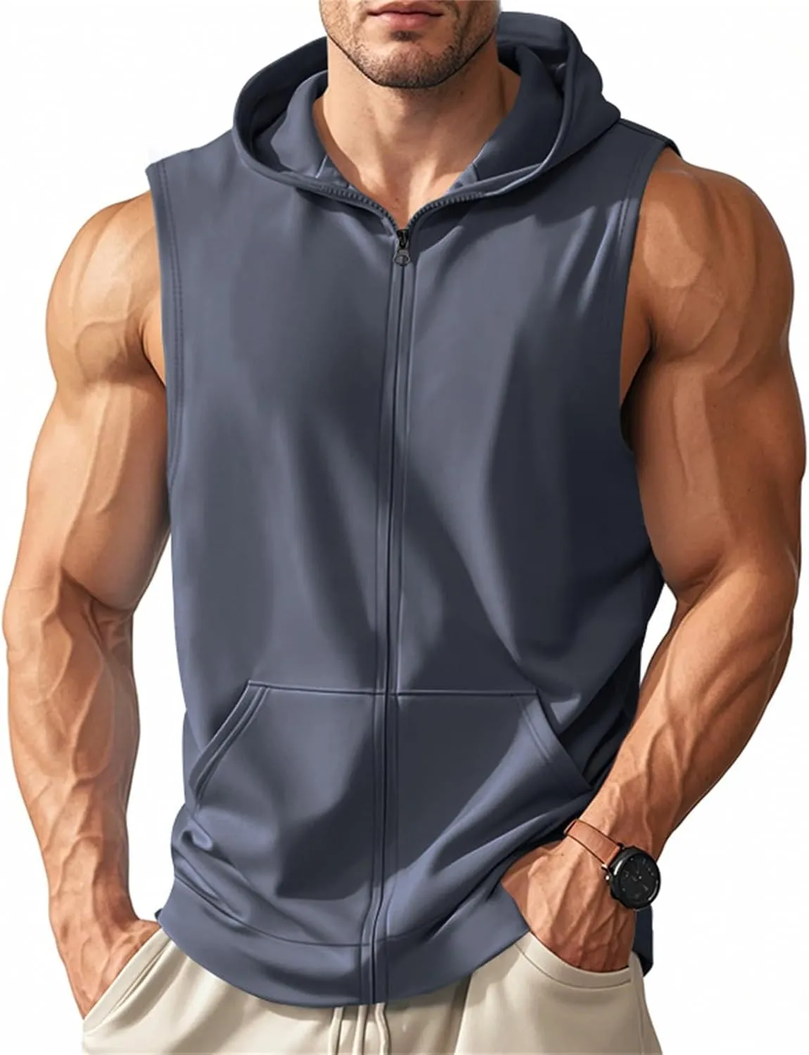 Men's Sleeveless Hooded Tank Tops Athletic Gym Workout Full Zip Vest Shirts Lightweight Dry fit Muscle Cut Off T-Shirt