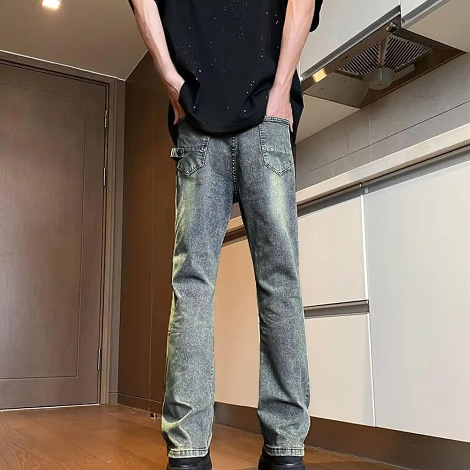 Mens Stretch Jeans Relaxed Fit Loose Fit Straight Leg Denim Jeans Baggy Wide Leg Plain Pants Trousers Baggy Jeans