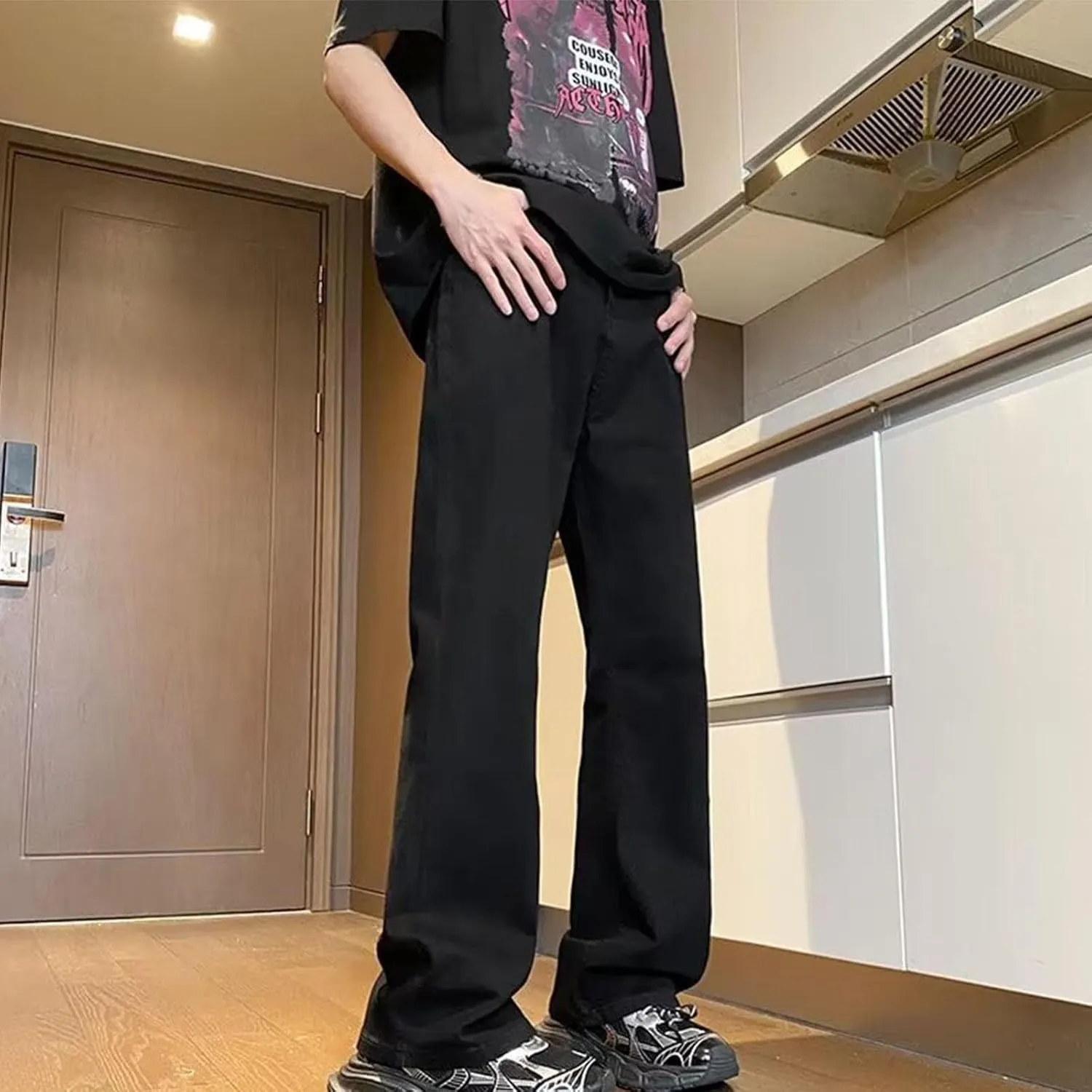 Mens Stretch Jeans Relaxed Fit Loose Fit Straight Leg Denim Jeans Baggy Wide Leg Plain Pants Trousers Baggy Jeans