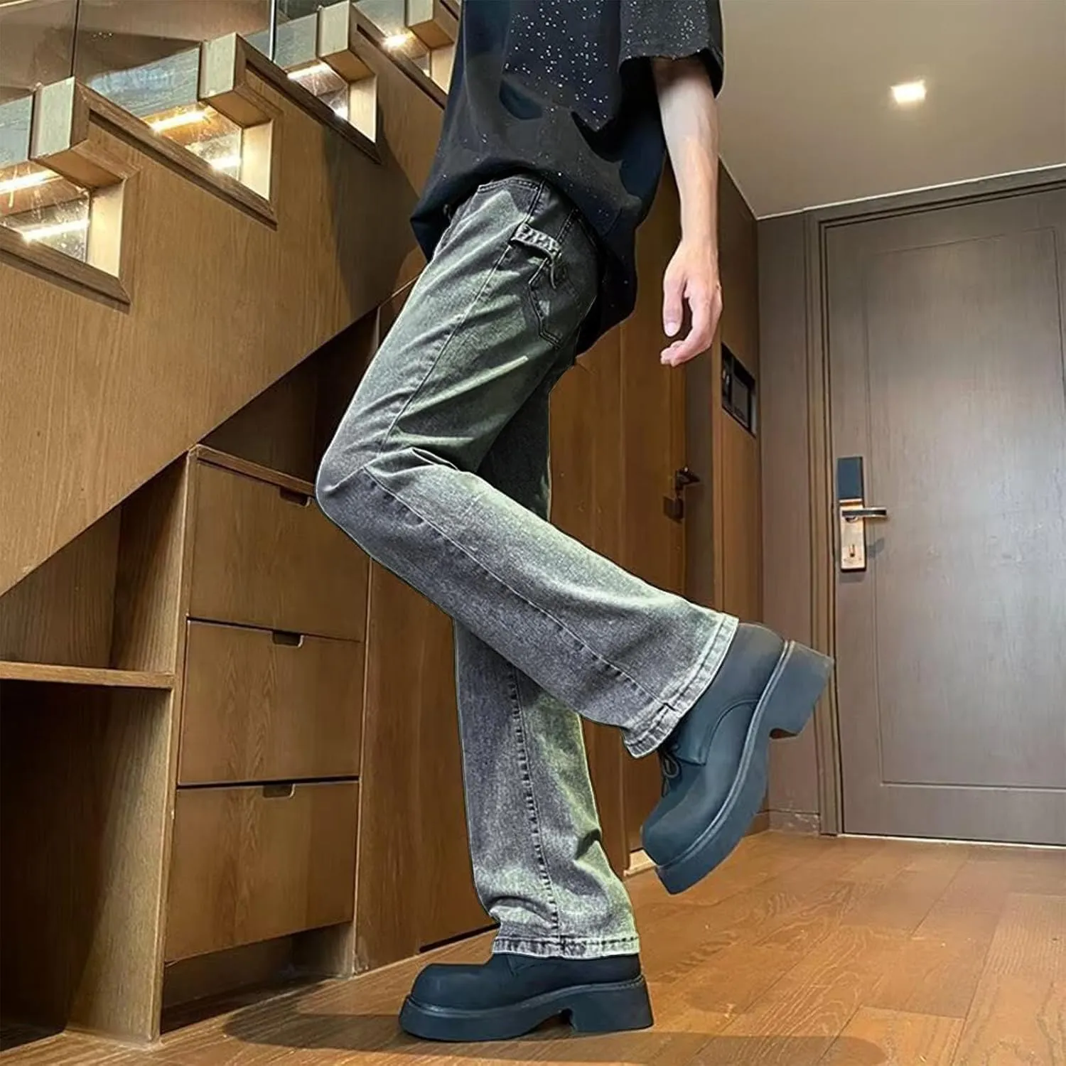 Mens Stretch Jeans Relaxed Fit Loose Fit Straight Leg Denim Jeans Baggy Wide Leg Plain Pants Trousers Baggy Jeans
