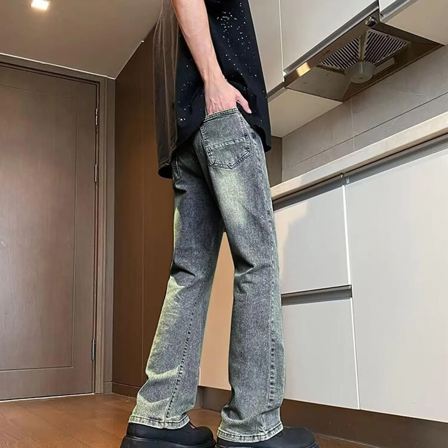Mens Stretch Jeans Relaxed Fit Loose Fit Straight Leg Denim Jeans Baggy Wide Leg Plain Pants Trousers Baggy Jeans