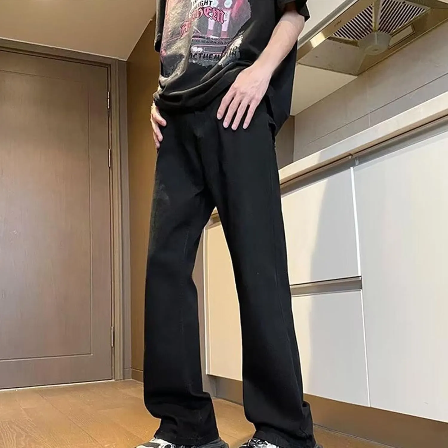 Mens Stretch Jeans Relaxed Fit Loose Fit Straight Leg Denim Jeans Baggy Wide Leg Plain Pants Trousers Baggy Jeans