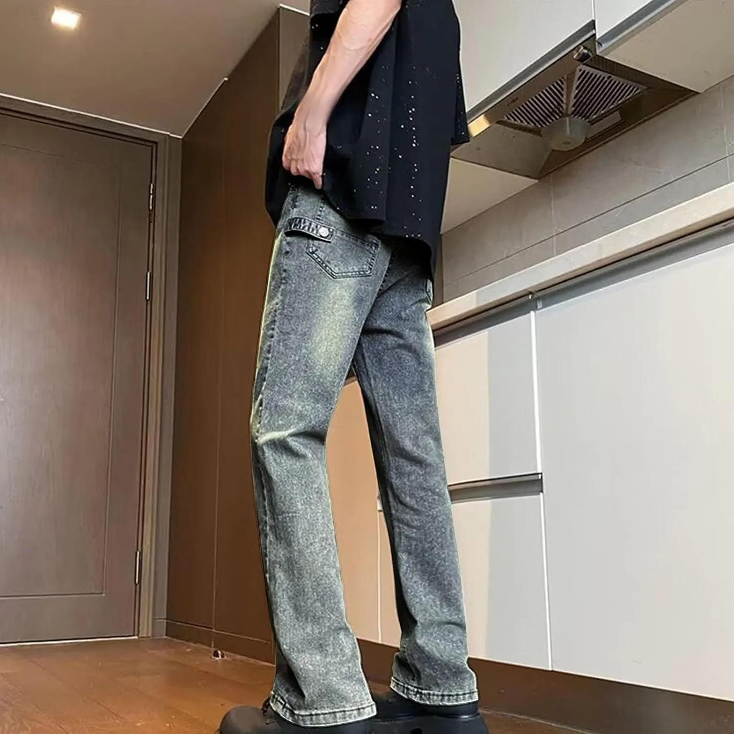 Mens Stretch Jeans Relaxed Fit Loose Fit Straight Leg Denim Jeans Baggy Wide Leg Plain Pants Trousers Baggy Jeans